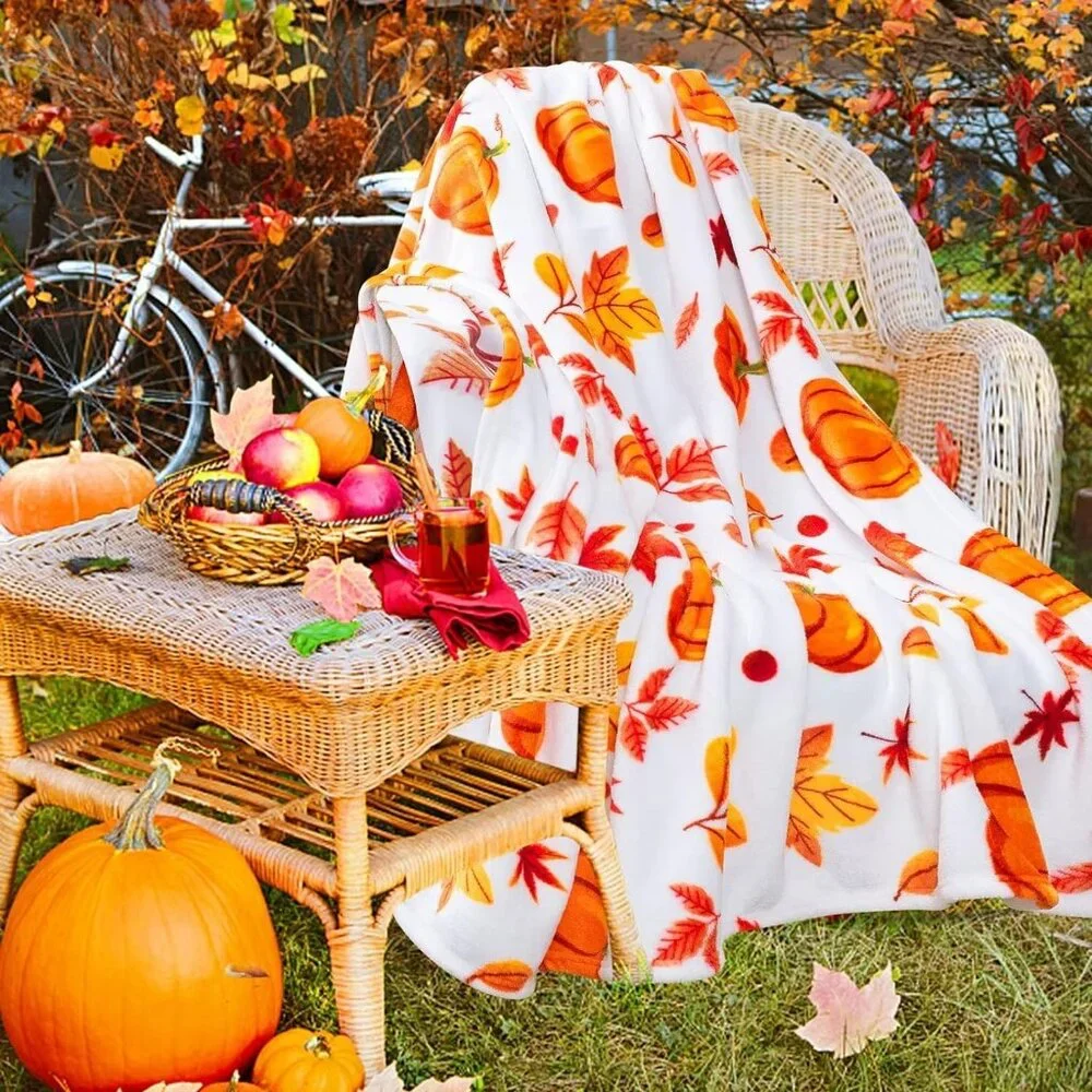 Fall Throw Blanket - Halloween Pumpkin Plush, Fuzzy Orange‎ Leaf, 50'' x 60
